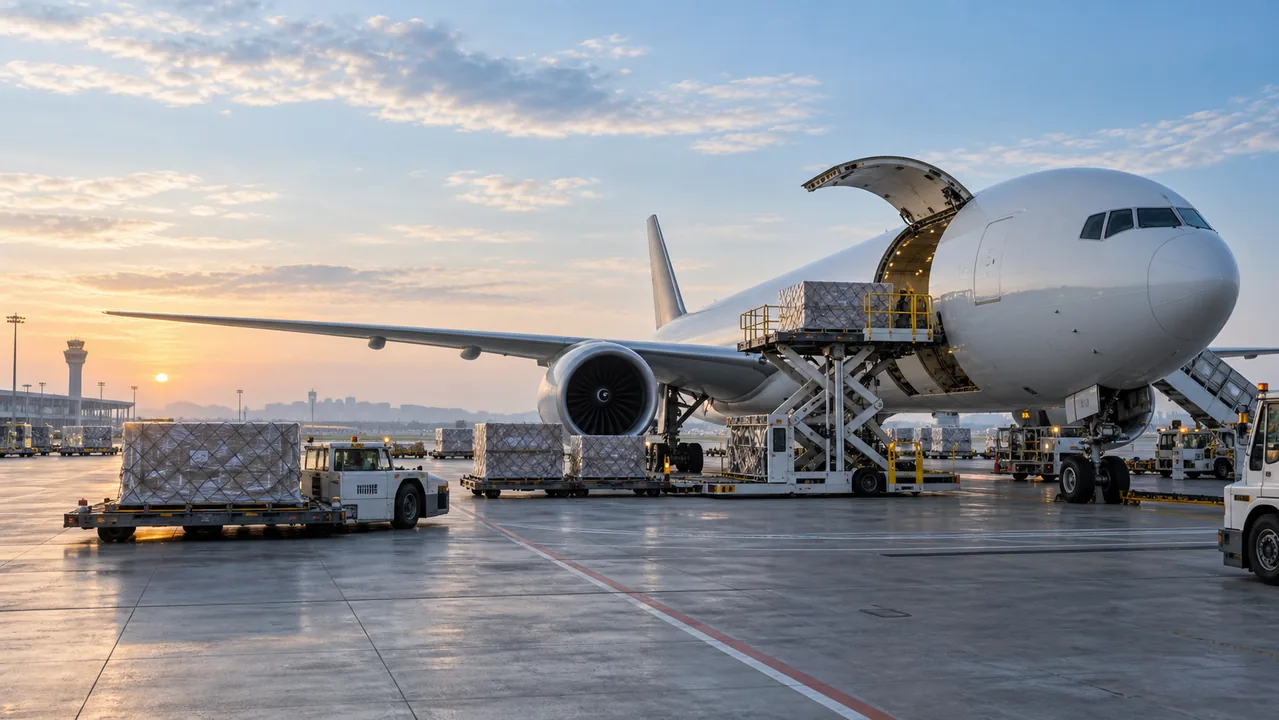 Cargo aircraft being loaded on an airport freight apron