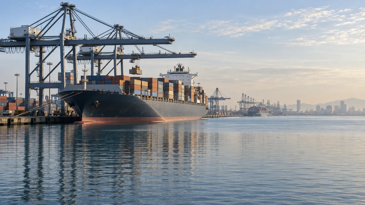Container ship with loaded export containers at a seaport